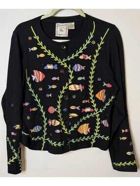 VTG Michael Simon Lite Fish Aquarium Embroidered Cardigan Sweater Large